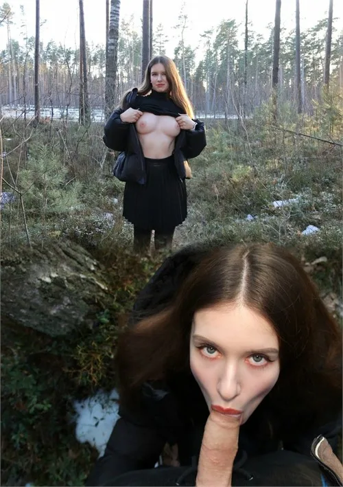 A quick blowjob in the woods and his load in my mouth getting swallowed too